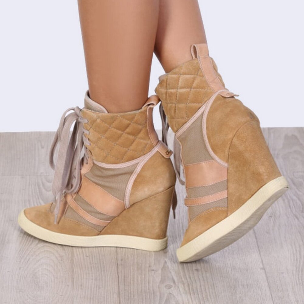🤎 Chloé Kasia Suede Leather Canvas Tan Wedge Sneakers Size 39 Quiet Luxury